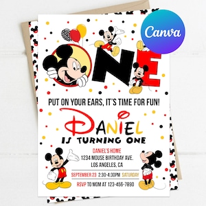 Mickey Mouse First Birthday Invitation Boy Mickey 1st Birthday Invite Party Decoration Editable Template Digital or Printed