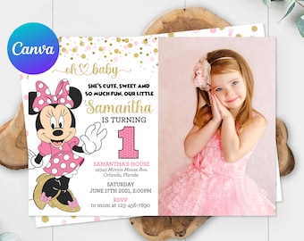 Può includere: Un invito personalizzato per una festa di primo compleanno. Il design presenta Minnie Mouse, il testo "oh baby" e il nome "Samantha". L'invito include anche una foto di una bambina con un vestito rosa.