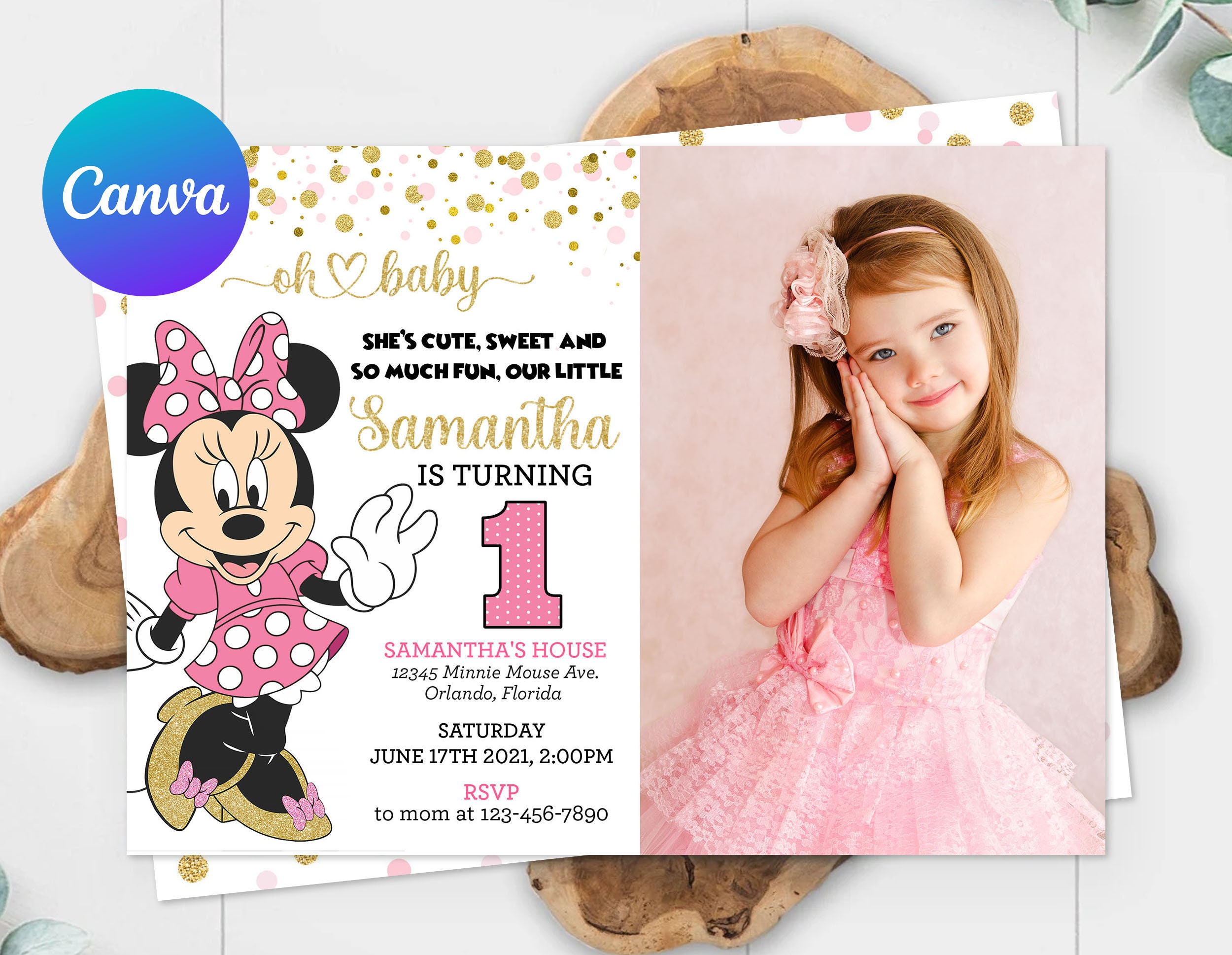 Minnie Mouse First Birthday Invitation Photo Picture Girl Minnie 1st Minnie Mouse First Birthday Invitation Photo Picture Girl Minnie 1st
