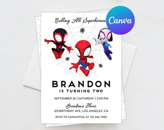 Invitation d'anniversaire de Spidey et ses amis incroyables, modèle Corjl modifiable de fête Spiderman pour garçon, téléchargement immédiat, invitations numériques ou imprimées