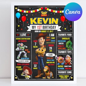 Könnte beinhalten: Ein gerahmtes Toy Story-Geburtstags-Tafelplakat für Kevin. Das Plakat enthält den Text "My 1st Birthday" und Details wie Lieblingsessen, Spielzeug und eine Größe von 81 cm. Das Plakat zeigt Charaktere wie Woody und Buzz Lightyear.