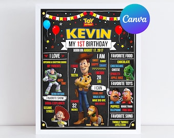 Toy Story First Birthday Milestone Board Woody Buzz Toy Kids Party Milestone Sign Decoration Digital Printable Editable Template