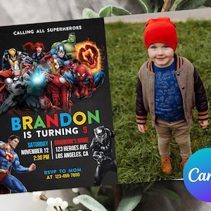 Modello modificabile per invito alla festa di compleanno di Avengers, immagine fotografica per ragazzo che chiama tutti i supereroi, digitale o stampato