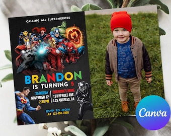May include: A birthday party invitation featuring a collage of superhero illustrations and a photo of a young child. The invitation text reads "BRANDON IS TURNING 5" with event details. The child is wearing a red hat and a brown jacket.