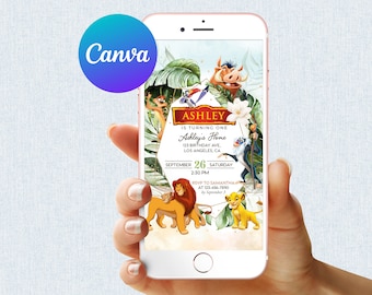Lion King First Birthday Invitation Boy Mobile Phone Hakuna Matata Simba Pumbaa Timone Jungle Electronic Email SMS Digital Editable Template