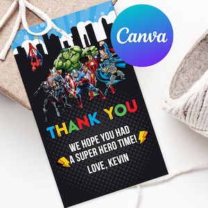 Etiqueta de agradecimento de aniversário de super-heróis para impressão, etiqueta de lembrança de festa de vingadores para meninos, decoração de chá de bebê, modelo editável