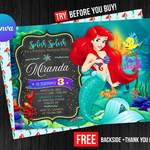 Little Mermaid Ariel Princess Birthday Invitation Girl Editable Template Thank You Card Custom Instant Download Digital or Printed