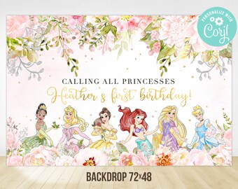 Princess First Birthday Backdrop Gold Royal Rose Girl Celebration Magical Party Decor Printable Editable Template Digital Printable