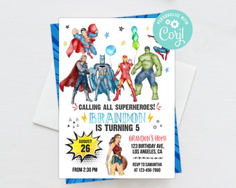 Modèle modifiable d'invitation d'anniversaire de super-héros pour garçon, téléchargement immédiat, thème, invitation de fête d'anniversaire des Avengers, invitations numériques ou imprimées