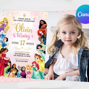 Princess Birthday Invitation with Picture Photo Girl Party Card Digital or Printed Invite Cinderella, Ariel, Belle