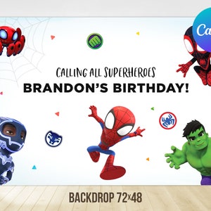 Może przedstawiać: Tło urodzinowe o tematyce superbohater&oacute;w z postaciami z kresk&oacute;wek, w tym Spider-Manem i Hulkiem. Tło jest białe z napisem "Calling All Superheroes Brandon's Birthday!" i ma wymiary 183x122 cm.