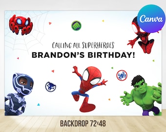 Fondo de cumpleaños de Spidey y sus increíbles amigos, decoración para fiesta de superhéroes de niño, plantilla imprimible editable, imprimible digitalmente