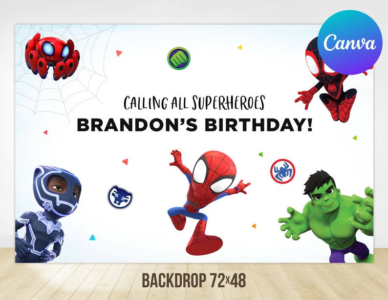 Może przedstawiać: Tło urodzinowe o tematyce superbohater&oacute;w z postaciami z kresk&oacute;wek, w tym Spider-Manem i Hulkiem. Tło jest białe z napisem "Calling All Superheroes Brandon's Birthday!" i ma wymiary 183x122 cm.
