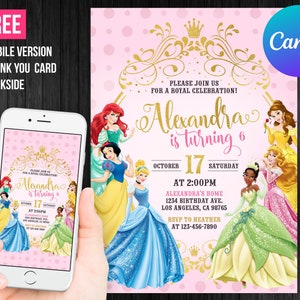 Princess Birthday Girl Invitation Editable Template Custom Printable Instant Download Digital or Printed Cinderella, Ariel, Belle