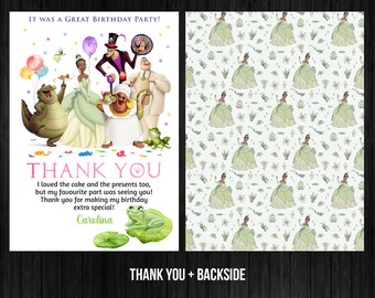 Carte de remerciement anniversaire princesse Tiana et la grenouille fille modèle modifiable imprimable Corjl étiquette cadeau numérique ou imprimée