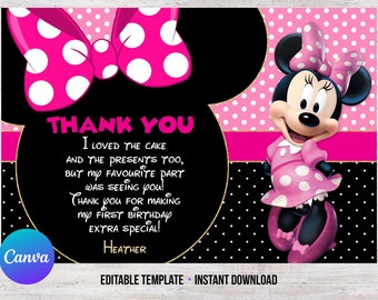 Minnie Mouse Birthday Thank You Card Girl Pink Gold Digital or Printed Editable Template Printable Gift Tag