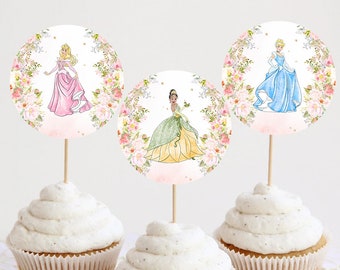 Princess First Birthday Cupcake Toppers Decoration Gold Royal Rose Girl Magical Celebration Party Decor Printable Digital Instant Download