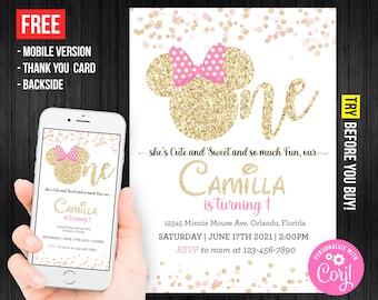 Minnie Mouse First Birthday Invitation Girl Gold Digital or Printed Thank You Card Electronic Mobile Phone Text Invite Editable Template