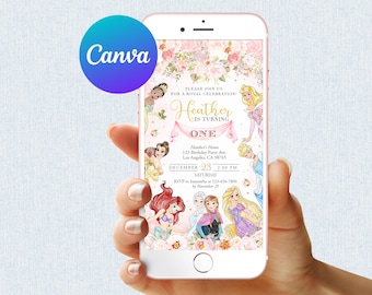 Puede incluir: Un teléfono inteligente rosa muestra una invitación de cumpleaños con ilustraciones de princesas y detalles florales. La invitación dice "Heather is turning ONE" con detalles del evento. El logotipo de Canva es visible en la esquina superior izquierda.