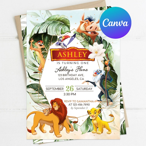 León Rey Primera Invitación de Cumpleaños Niño Hakuna Matata Simba Pumbaa Timone Jungle Plantilla editable Descarga instantánea Invitación impresa digital