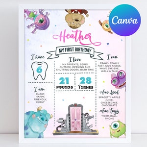 Placa de marco do primeiro aniversário da Monsters University Little Monster girando um marco sinal decoração digital modelo editável para impressão
