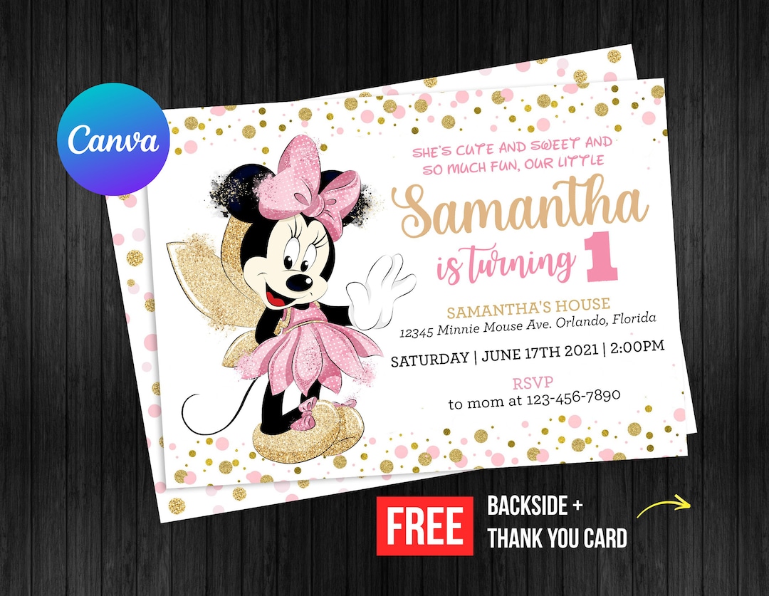 Minnie Mouse First Birthday Invitation Girl Pink Gold Digital Printed ...