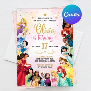 Princess Birthday Girl Invitation Editable Template Custom Printable Instant Download Digital or Printed Cinderella, Ariel, Belle