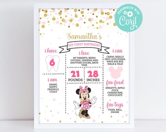 Minnie Mouse First Birthday Milestone Board Girl Minnie 1st Birthday Party Decoration Milestone Sign Digital Printable Editable Template