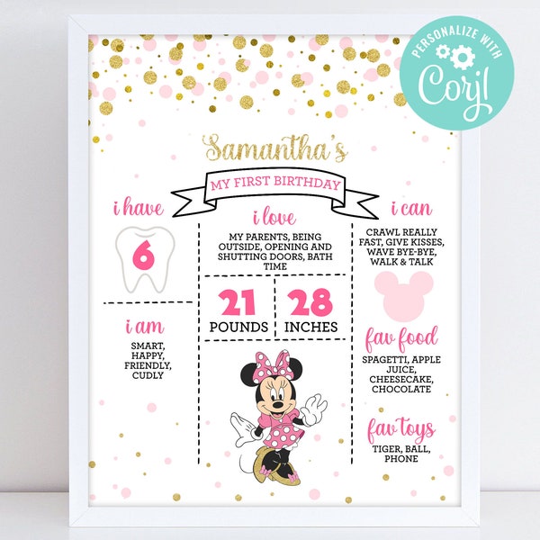 Minnie Mouse First Birthday Milestone Board Girl Minnie 1st Birthday Party Decoration Milestone Sign Digital Printable Editable Template