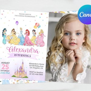 Princess Birthday Invitation with Picture Photo Girl Party Card Digital or Printed Invite Cinderella, Ariel, Belle