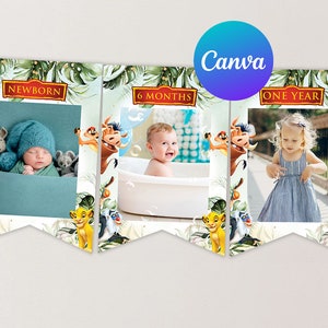 May include: A three-panel banner with photo frames for baby milestones. Each frame is decorated with Lion King characters and tropical foliage. The frames are labelled "Newborn", "6 Months", and "One Year". The Canva logo is visible.