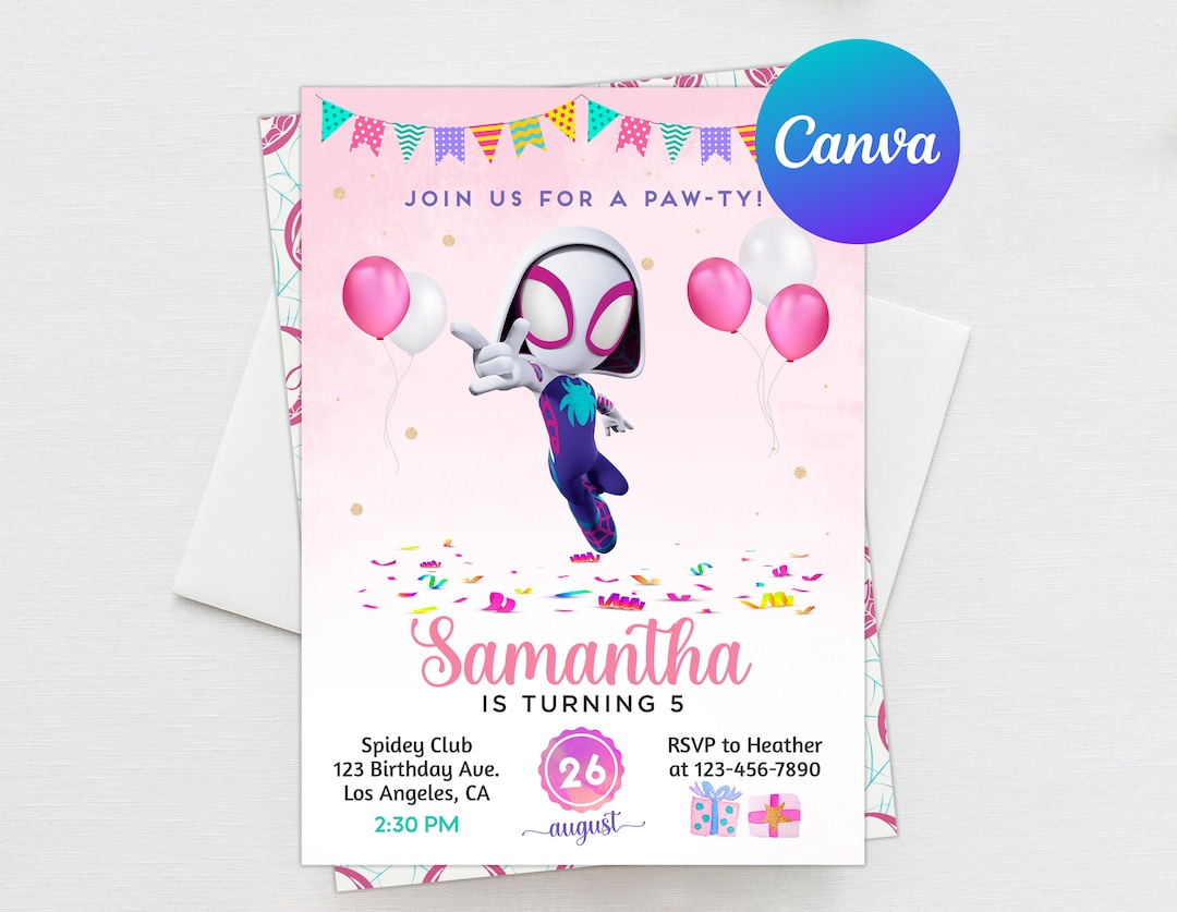 Spidey Friends Spider Gwen Birthday Invitation Girl Spiderman Party ...