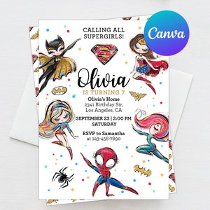 Superhero Girl Birthday Invitation Editable Template Instant Download Calling All Supergirls Theme Party Digital or Printed Invites