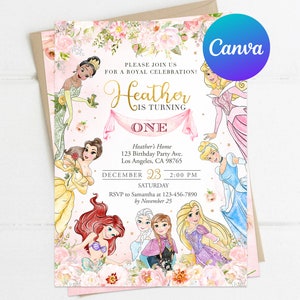 Princess First Birthday Invitation Royal Rose Girl Celebration Invite Custom Editable Template Printable Instant Download Digital or Printed