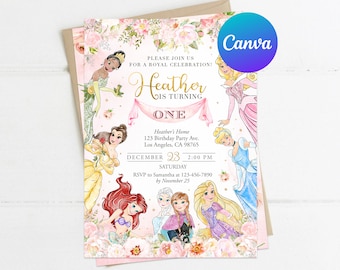Prinzessin zum ersten Geburtstag Einladung Royal Rose Girl Feier einladen benutzerdefinierte bearbeitbare Vorlage druckbare Sofort-Download Digital oder gedruckt