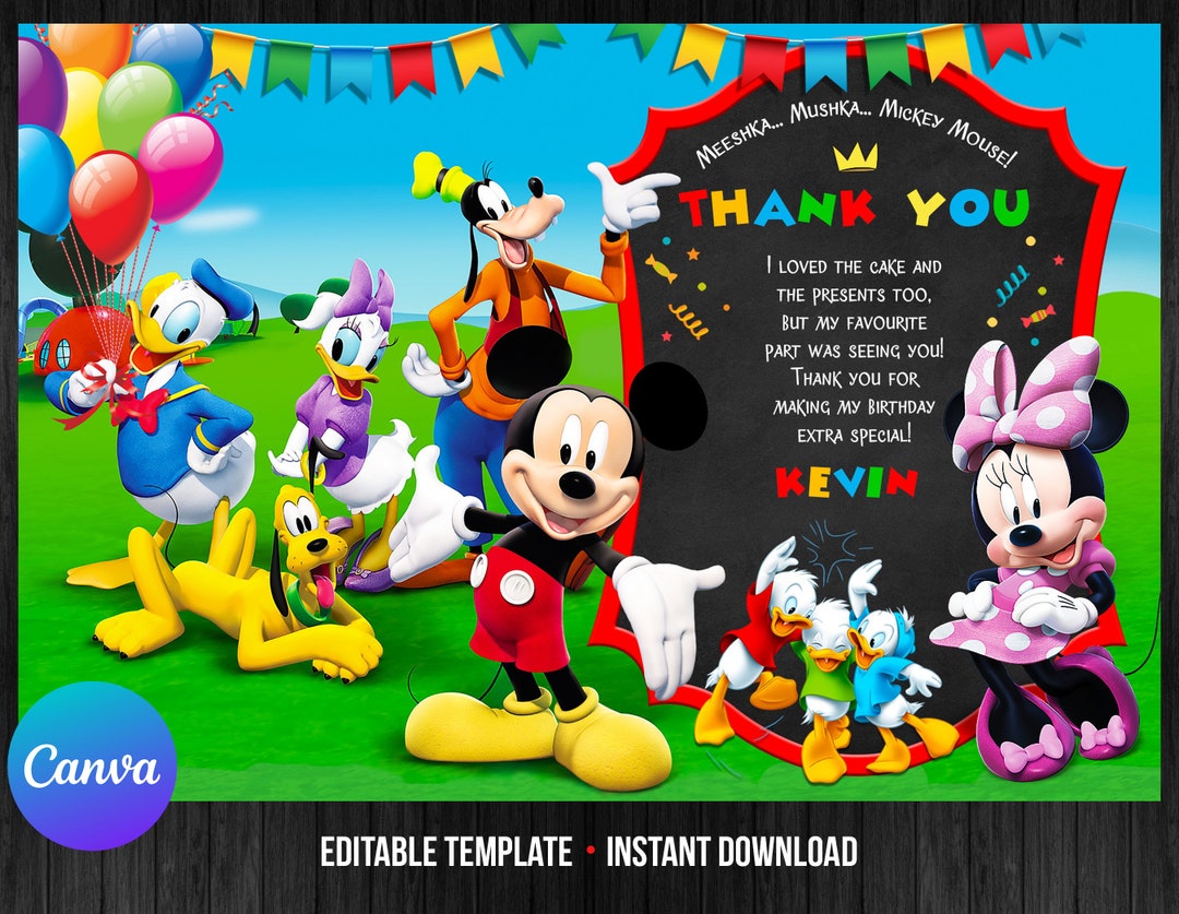 Mickey Mouse Clubhouse Birthday Boy Thank You Card Editable Template ...