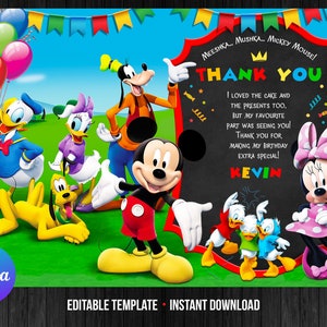 Carte de remerciement Mickey Mouse Clubhouse, garçon d'anniversaire, modèle modifiable, carte de voeux, téléchargement immédiat sur toile, étiquette cadeau numérique ou imprimée