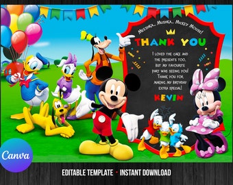 Mickey Mouse Clubhouse Birthday Boy Thank You Card Editable Template Greetings Card Instant Download Canva Digital or Printed Gift Tag