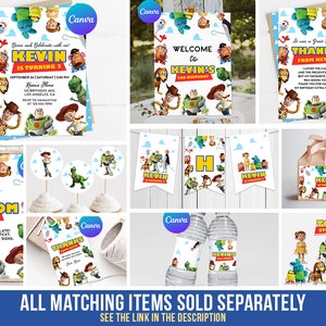 Op de afbeelding: Een verzameling Toy Story-thema verjaardagsfeestartikelen, waaronder uitnodigingen, welkomstborden, bedankkaarten, cupcake toppers, banners en cadeauverpakkingen. De ontwerpen bevatten personages als Woody en Buzz Lightyear, met de tekst "Kevin wordt 2" en "Kevin's 3e verjaardag".