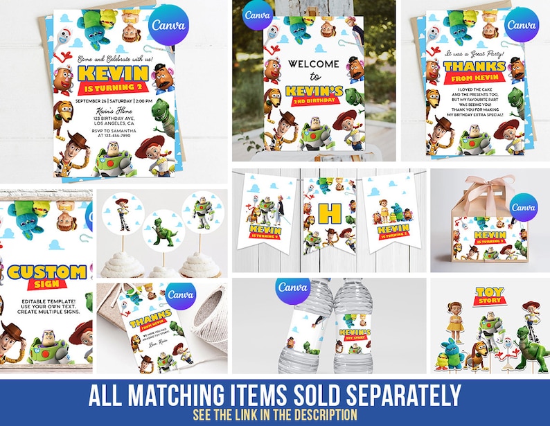 Op de afbeelding: Een verzameling Toy Story-thema verjaardagsfeestartikelen, waaronder uitnodigingen, welkomstborden, bedankkaarten, cupcake toppers, banners en cadeauverpakkingen. De ontwerpen bevatten personages als Woody en Buzz Lightyear, met de tekst "Kevin wordt 2" en "Kevin's 3e verjaardag".