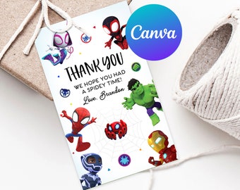 Spidey en zijn geweldige vrienden verjaardag bedankkaartjes afdrukbare jongen superheld partij gunst tag baby shower decoratie bewerkbare sjabloon