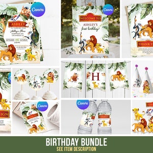 Puede incluir: Un conjunto de decoraciones y papelería para una fiesta de cumpleaños con temática de El Rey León. Incluye invitaciones, carteles de bienvenida, tarjetas de agradecimiento, adornos para cupcakes, pancartas, gorros de fiesta y etiquetas para botellas de agua.