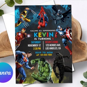 Convite de aniversário dos Vingadores Modelo editável para menino chamando todos os super-heróis Convite para festa de aniversário Download instantâneo Evite digital ou impresso