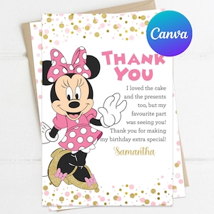 Biglietto di ringraziamento per ragazza con festa di primo compleanno di Minnie Mouse Decorazione per festa di primo compleanno di Minnie Modello modificabile stampabile digitale in oro e rosa