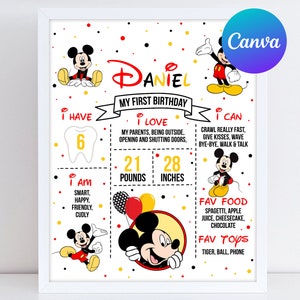 Mickey Mouse primer cumpleaños hito tablero niño Mickey 1er cumpleaños fiesta decoración hito signo digital imprimible plantilla editable