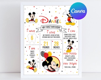 Tablero de hitos del primer cumpleaños de Mickey Mouse, decoración para fiesta de primer cumpleaños de Mickey, letrero de hitos, plantilla digital imprimible y editable