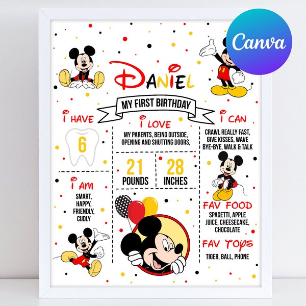 Mickey Mouse erster Geburtstag Meilenstein Schild Junge Mickey 1st Birthday Party Dekoration Meilenstein Zeichen Digital druckbare bearbeitbare Vorlage