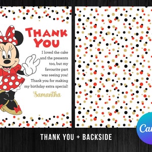 Puede incluir: Tarjeta de agradecimiento con tem&aacute;tica de Minnie Mouse con un dise&ntilde;o de lunares. La parte delantera presenta a Minnie Mouse con un vestido y lazo rojos, con el texto "Thank You". La parte trasera tiene un patr&oacute;n de puntos rojos, negros y dorados sobre un fondo blanco.