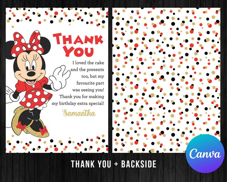 Puede incluir: Tarjeta de agradecimiento con tem&aacute;tica de Minnie Mouse con un dise&ntilde;o de lunares. La parte delantera presenta a Minnie Mouse con un vestido y lazo rojos, con el texto "Thank You". La parte trasera tiene un patr&oacute;n de puntos rojos, negros y dorados sobre un fondo blanco.