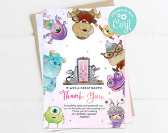 Monsters University Thank You Card First Birthday Party Our Little Monster Is Turning One Sully Mike Boo Digital Printable Editable Template